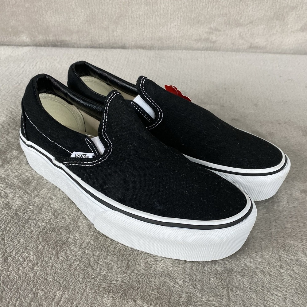 Vans Classic Platform Slip On Womens Shoes Size 8 Black White Canvas Sneaker NEW